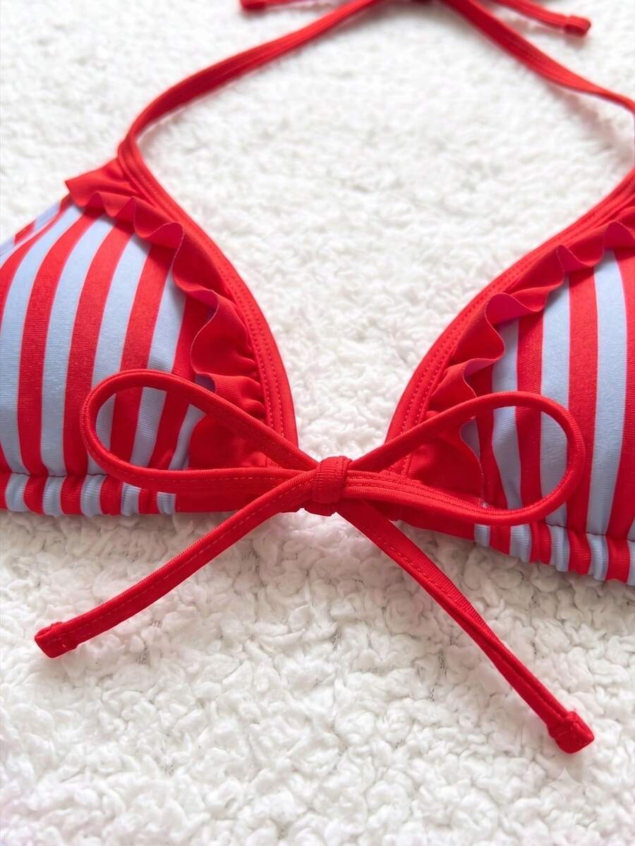 Women's beige two-piece bikini set featuring a wireless top with removable padding, spaghetti straps, tie back detail, and low waist hipster swimsuit bottoms.