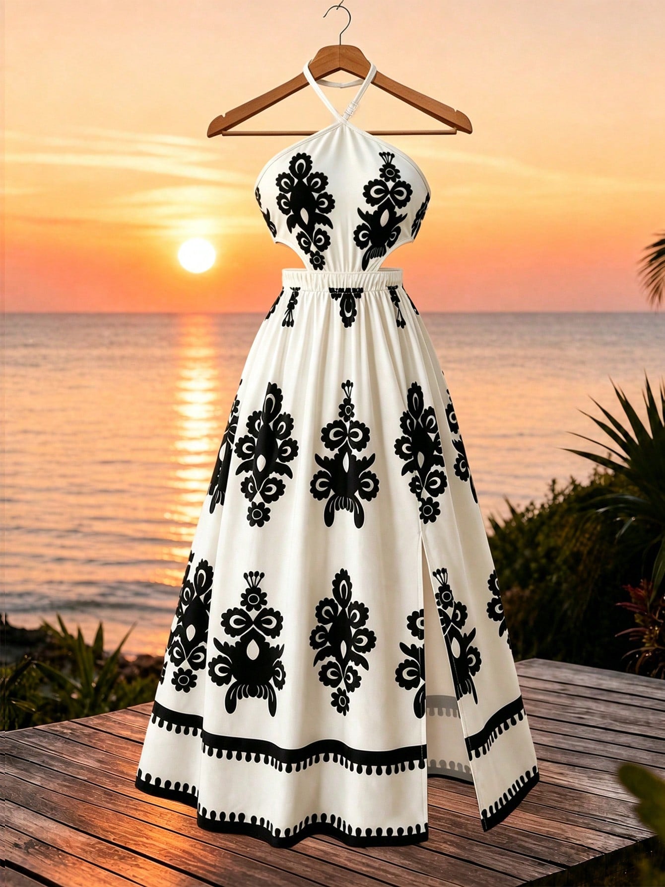 Tween girls floral halter dress with backless sleeveless design, belted high waist, shirred details, appliques, and flared A-line midi silhouette for summer vacation or graduation outfit.