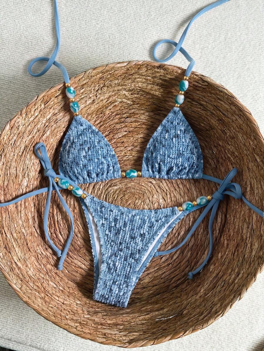 Multicolor textured beaded halter bikini set for women featuring wireless triangle cups with removable padding and ultra low waist tie side bottoms.