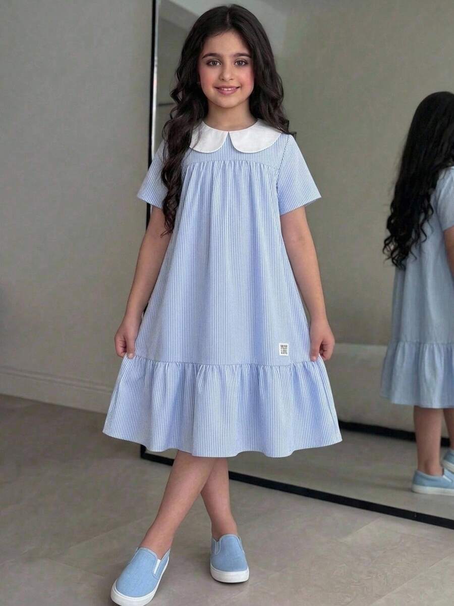 Tween girls casual black and white striped short sleeve smock dress with round neck and flounce hem