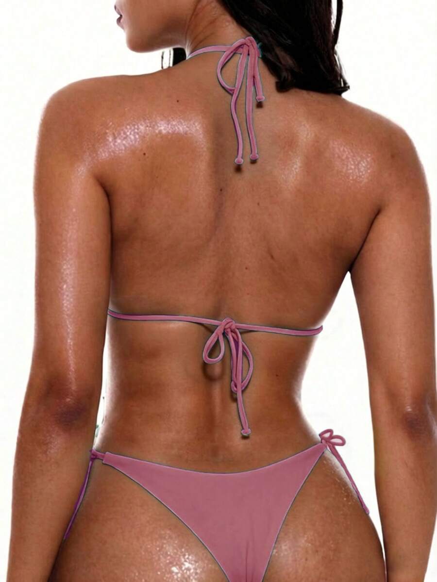 Apricot plain halter triangle bikini swimwear set with tie back top and low waist tie side thong bottom for women