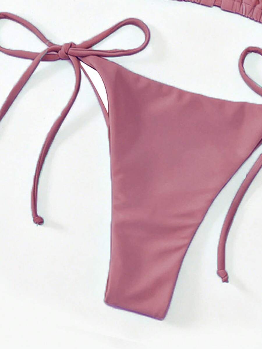 Apricot plain halter triangle bikini swimwear set with tie back top and low waist tie side thong bottom for women