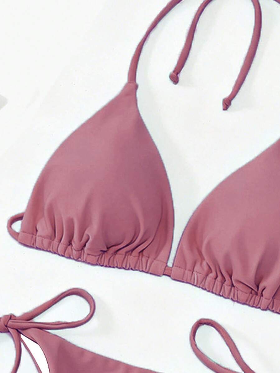 Apricot plain halter triangle bikini swimwear set with tie back top and low waist tie side thong bottom for women