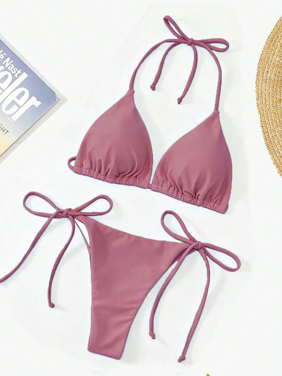 Apricot plain halter triangle bikini swimwear set with tie back top and low waist tie side thong bottom for women