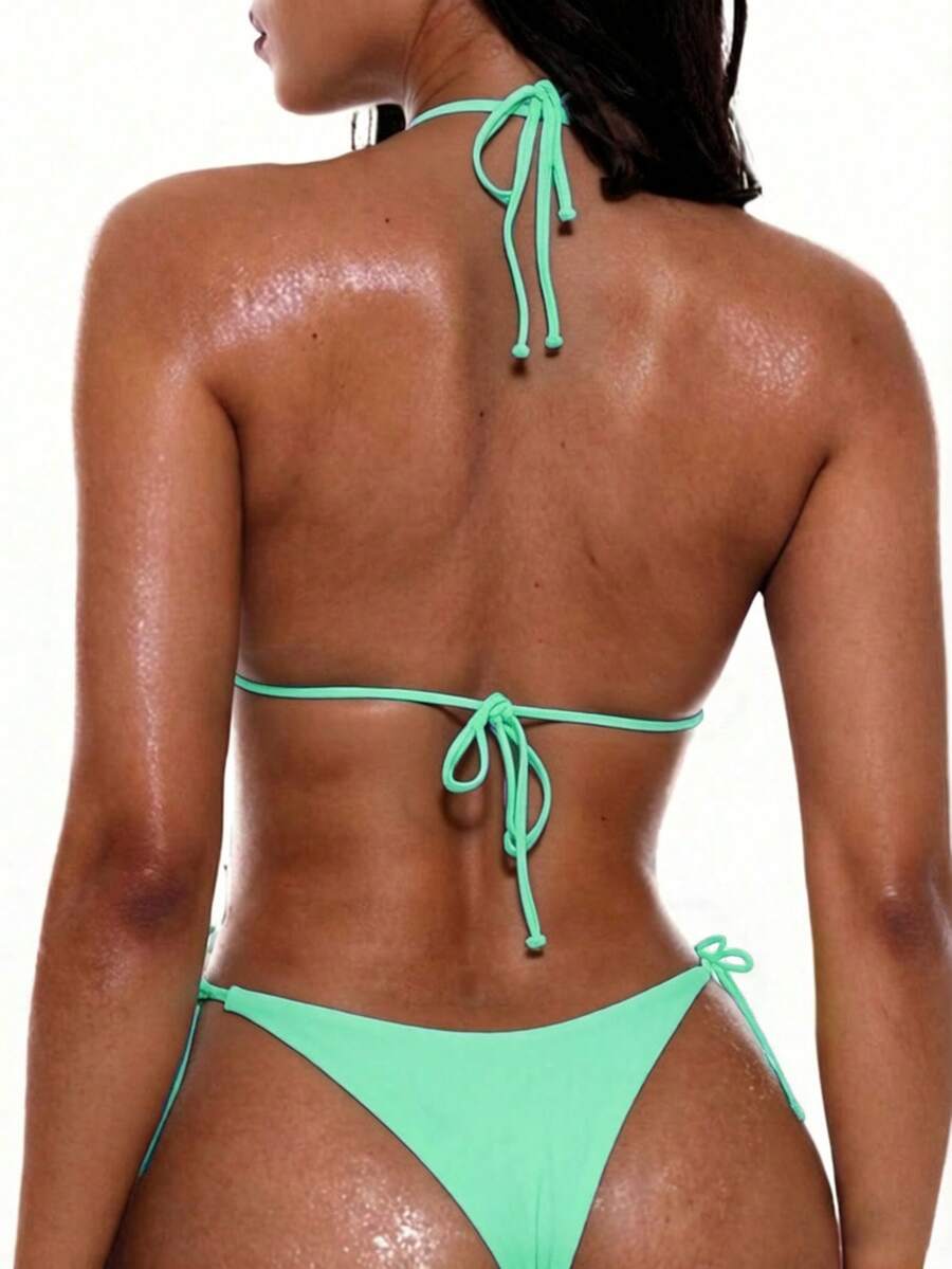 Apricot plain halter triangle bikini swimwear set with tie back top and low waist tie side thong bottom for women