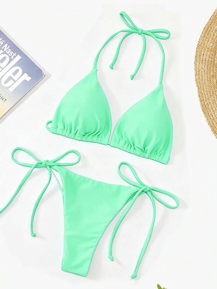 Apricot plain halter triangle bikini swimwear set with tie back top and low waist tie side thong bottom for women