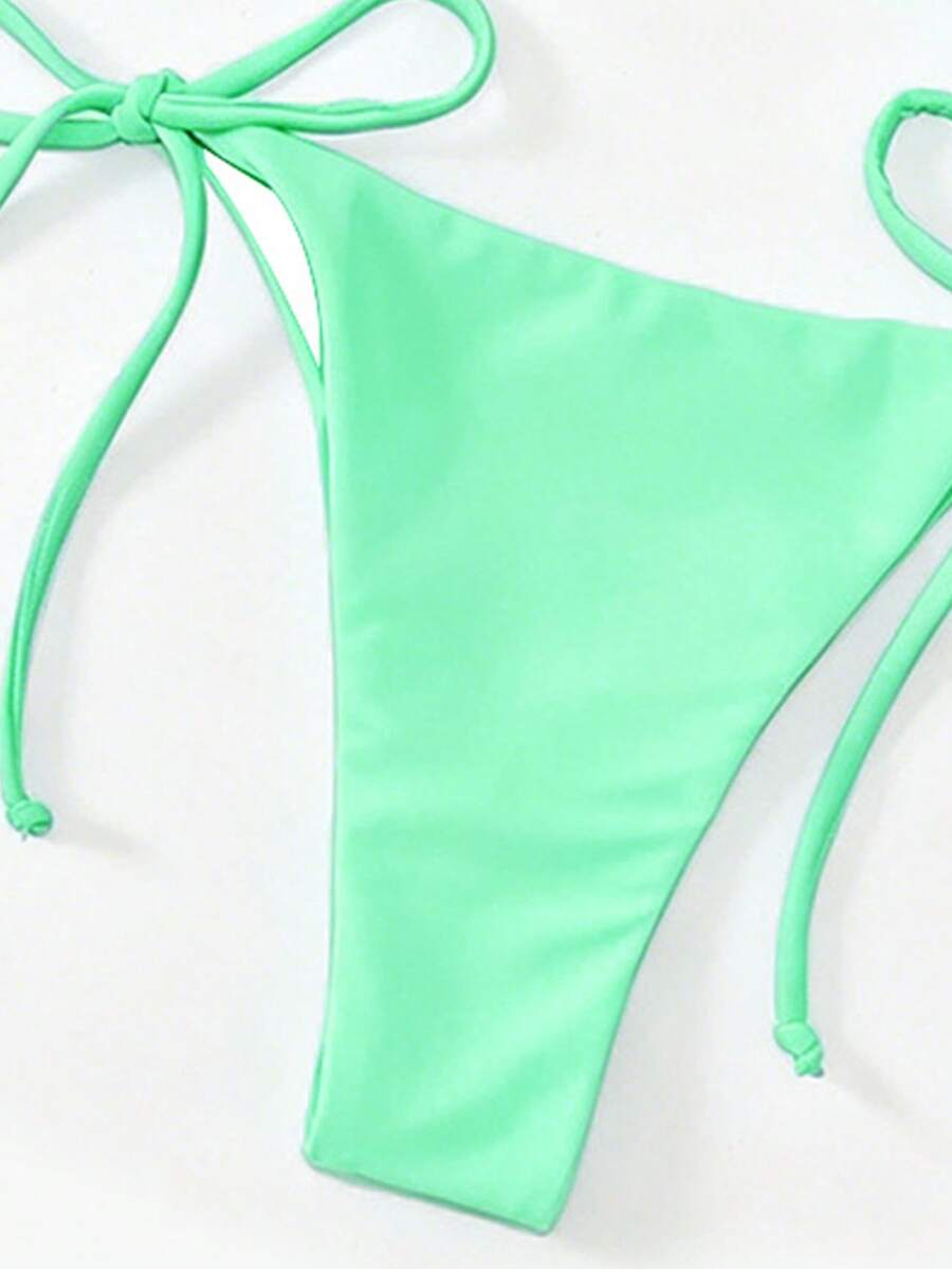Apricot plain halter triangle bikini swimwear set with tie back top and low waist tie side thong bottom for women