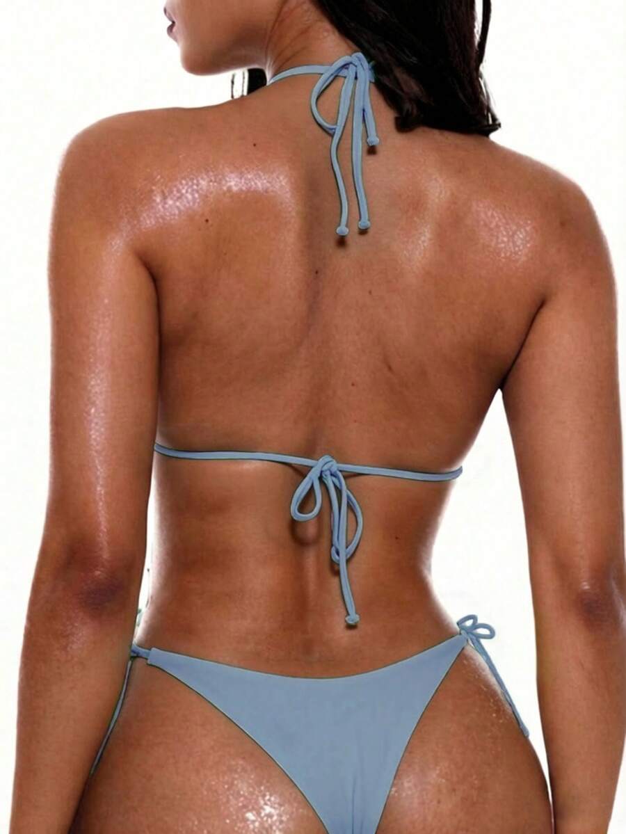 Apricot plain halter triangle bikini swimwear set with tie back top and low waist tie side thong bottom for women