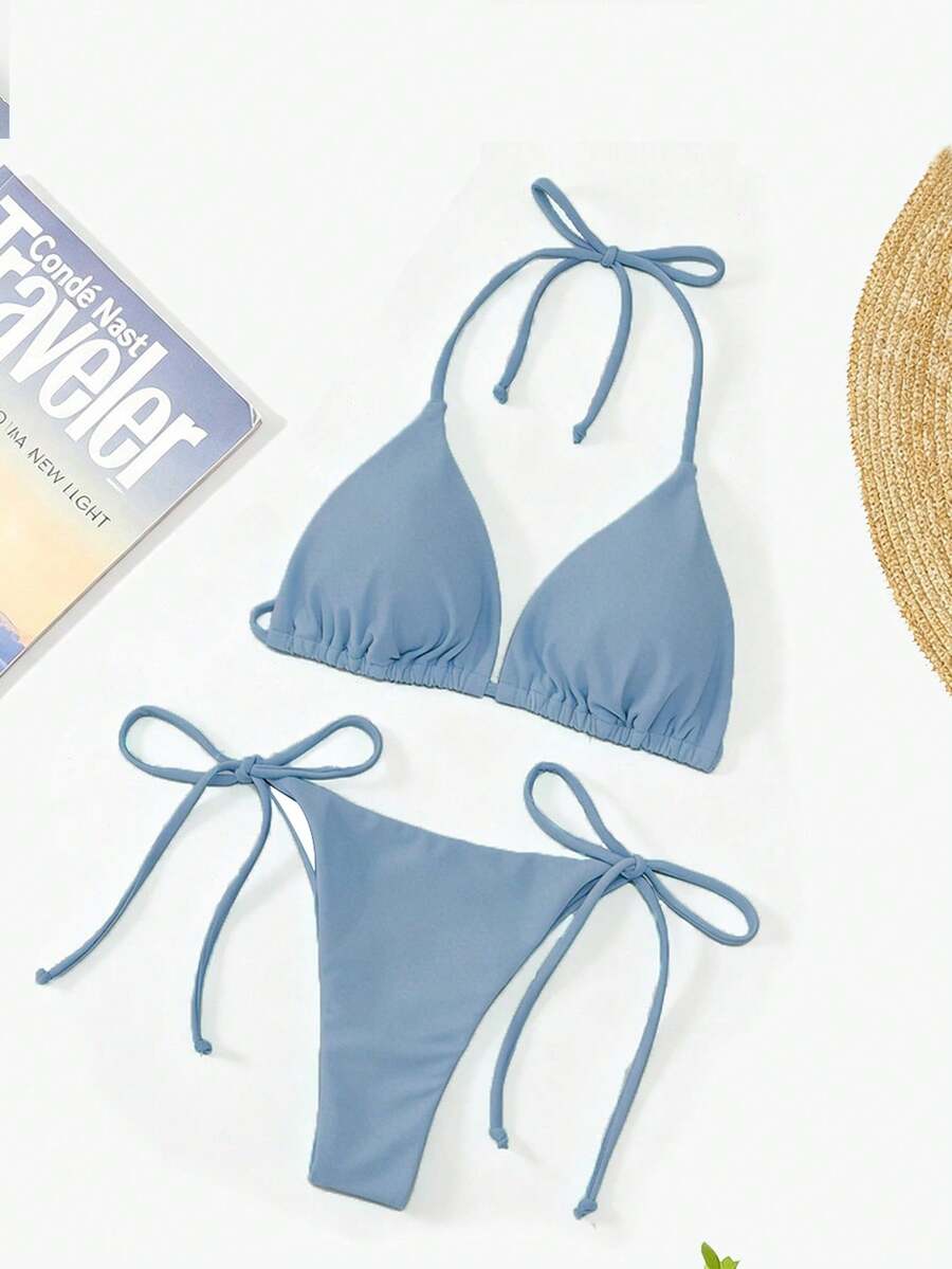 Apricot plain halter triangle bikini swimwear set with tie back top and low waist tie side thong bottom for women