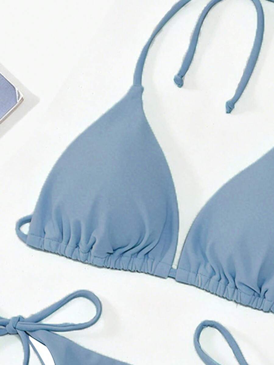 Apricot plain halter triangle bikini swimwear set with tie back top and low waist tie side thong bottom for women