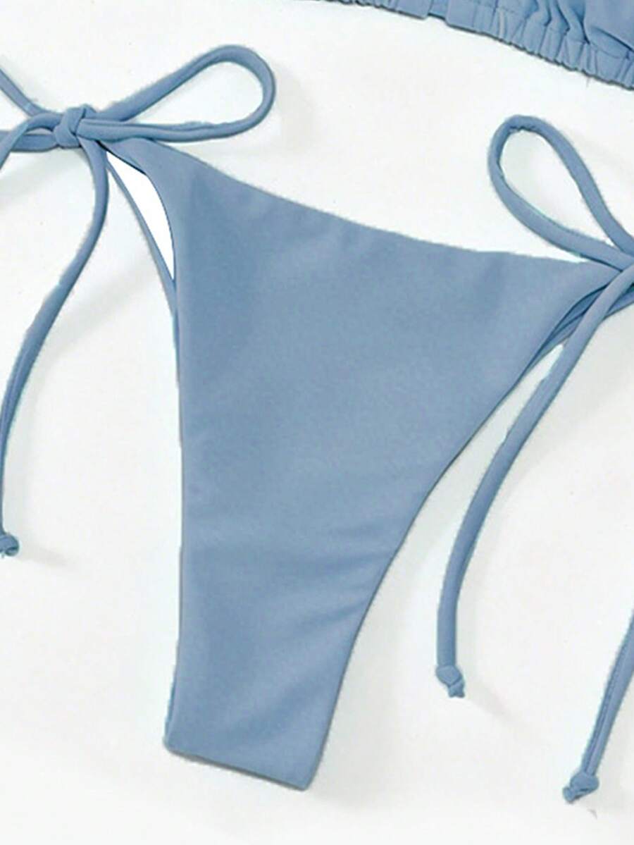 Apricot plain halter triangle bikini swimwear set with tie back top and low waist tie side thong bottom for women