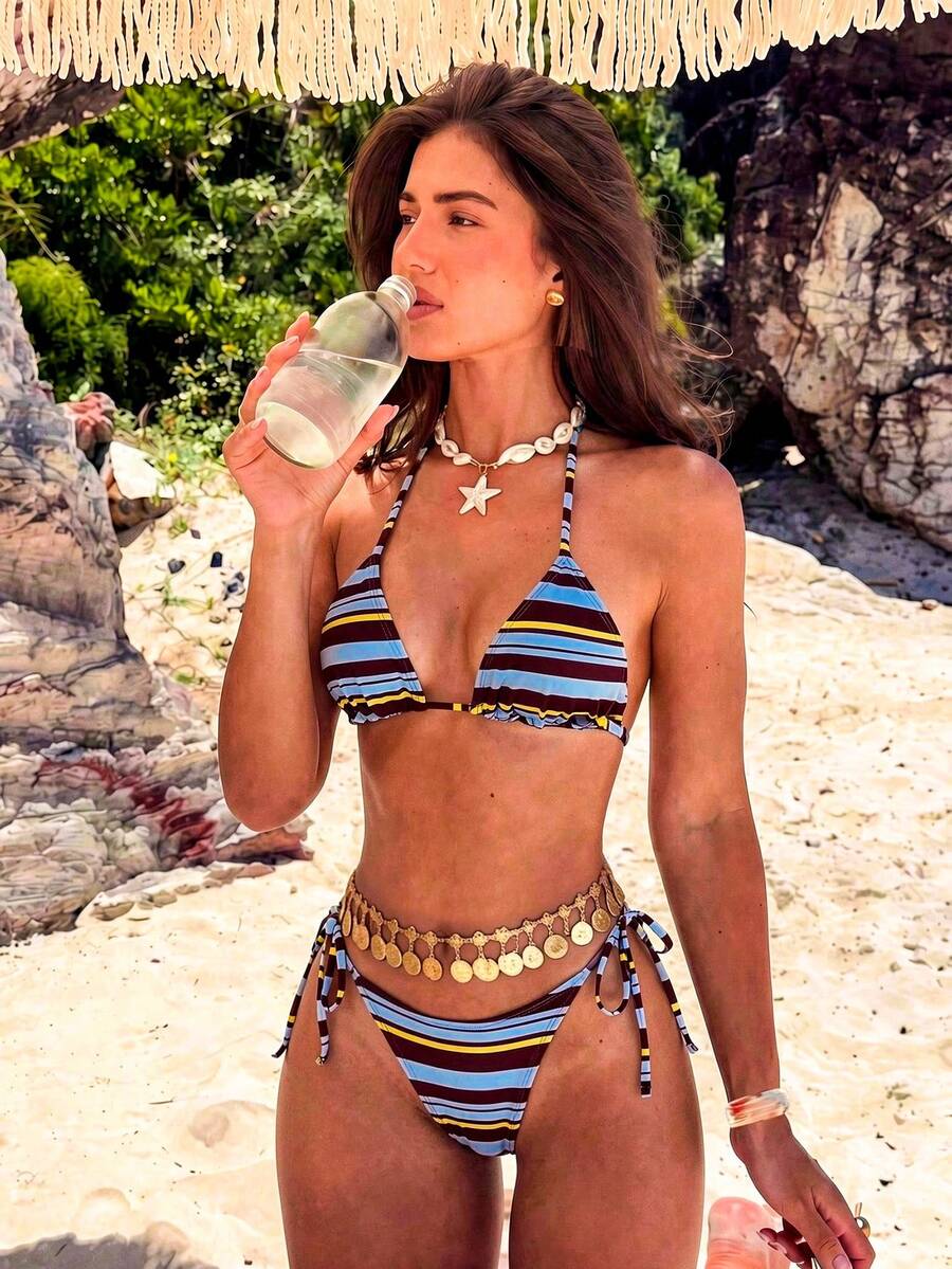 Apricot plain halter triangle bikini swimwear set with tie back top and low waist tie side thong bottom for women