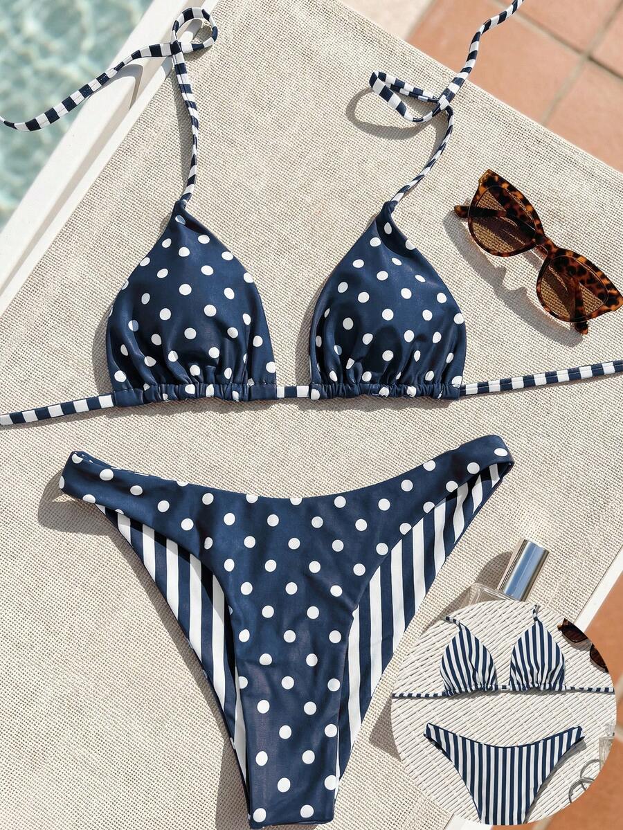 Women's two-piece halter bikini set featuring high cut thong bottoms and removable padding