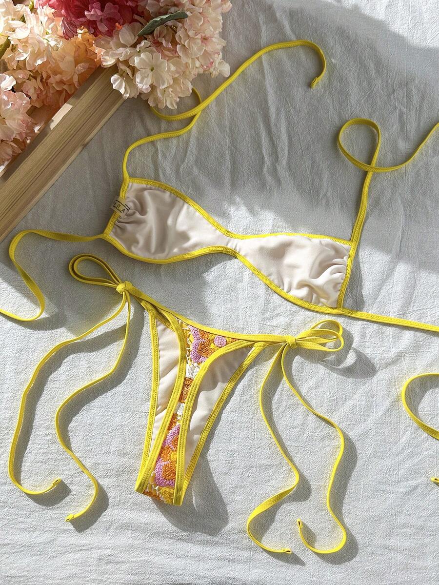 Apricot 2-piece sequin textured halter bikini set featuring a wireless top with lace-up backless ties and matching low-waist side-tie thong bottoms.
