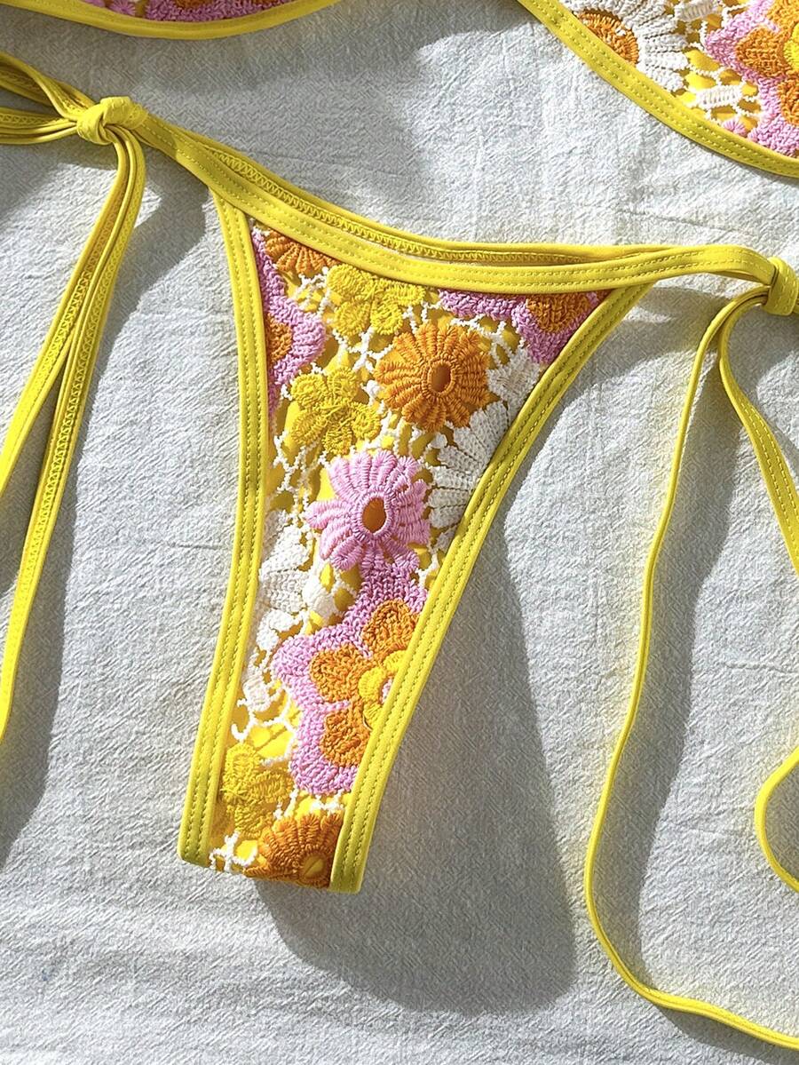 Apricot 2-piece sequin textured halter bikini set featuring a wireless top with lace-up backless ties and matching low-waist side-tie thong bottoms.