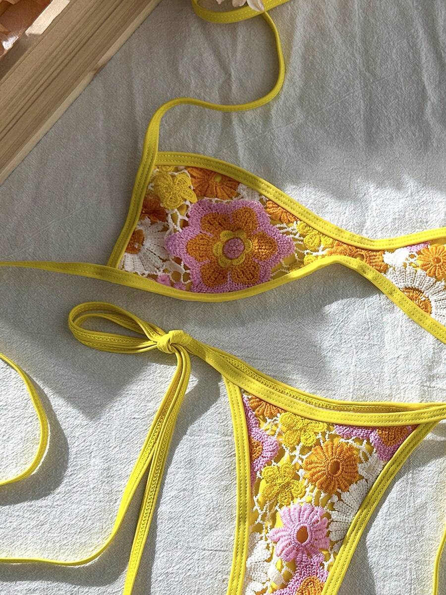 Apricot 2-piece sequin textured halter bikini set featuring a wireless top with lace-up backless ties and matching low-waist side-tie thong bottoms.
