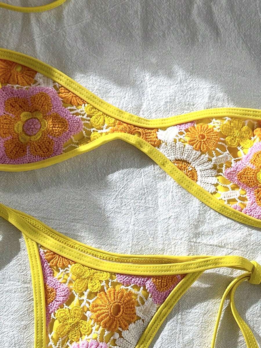 Apricot 2-piece sequin textured halter bikini set featuring a wireless top with lace-up backless ties and matching low-waist side-tie thong bottoms.