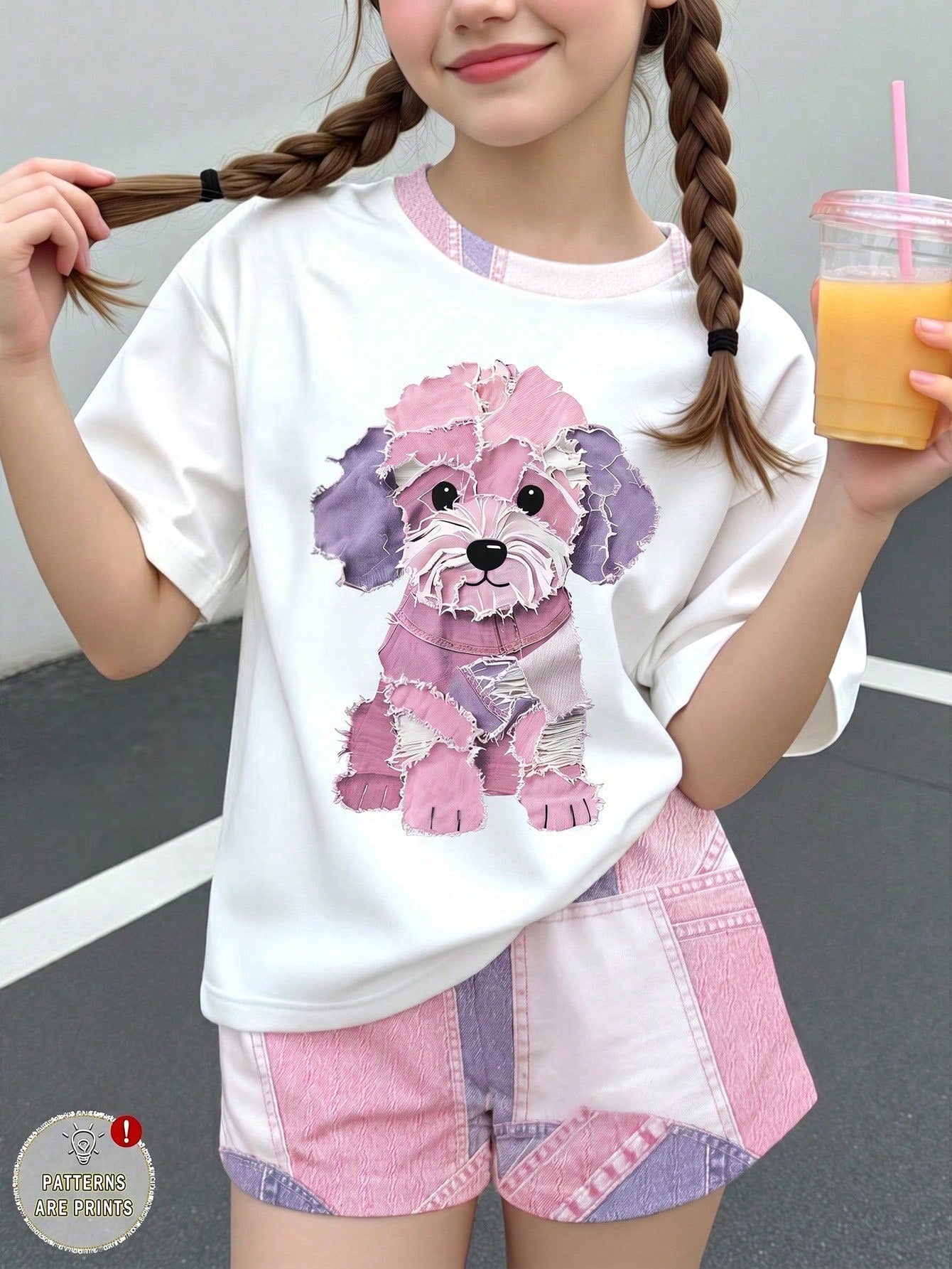 Multicolor heart print short sleeve top and loose shorts 2-piece set for tween girls