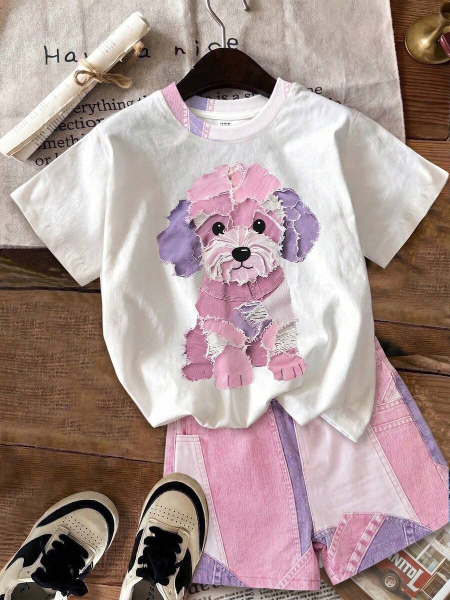 Multicolor heart print short sleeve top and loose shorts 2-piece set for tween girls