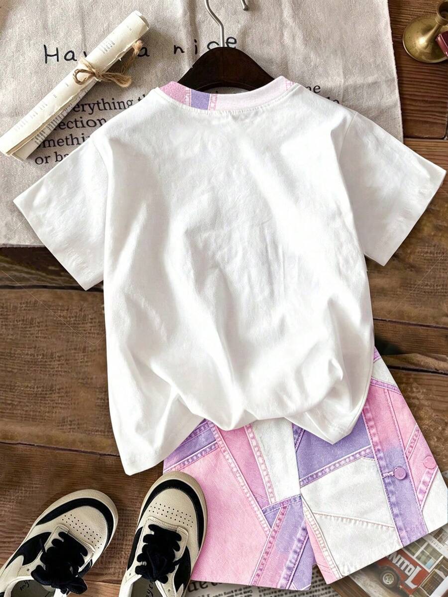Multicolor heart print short sleeve top and loose shorts 2-piece set for tween girls