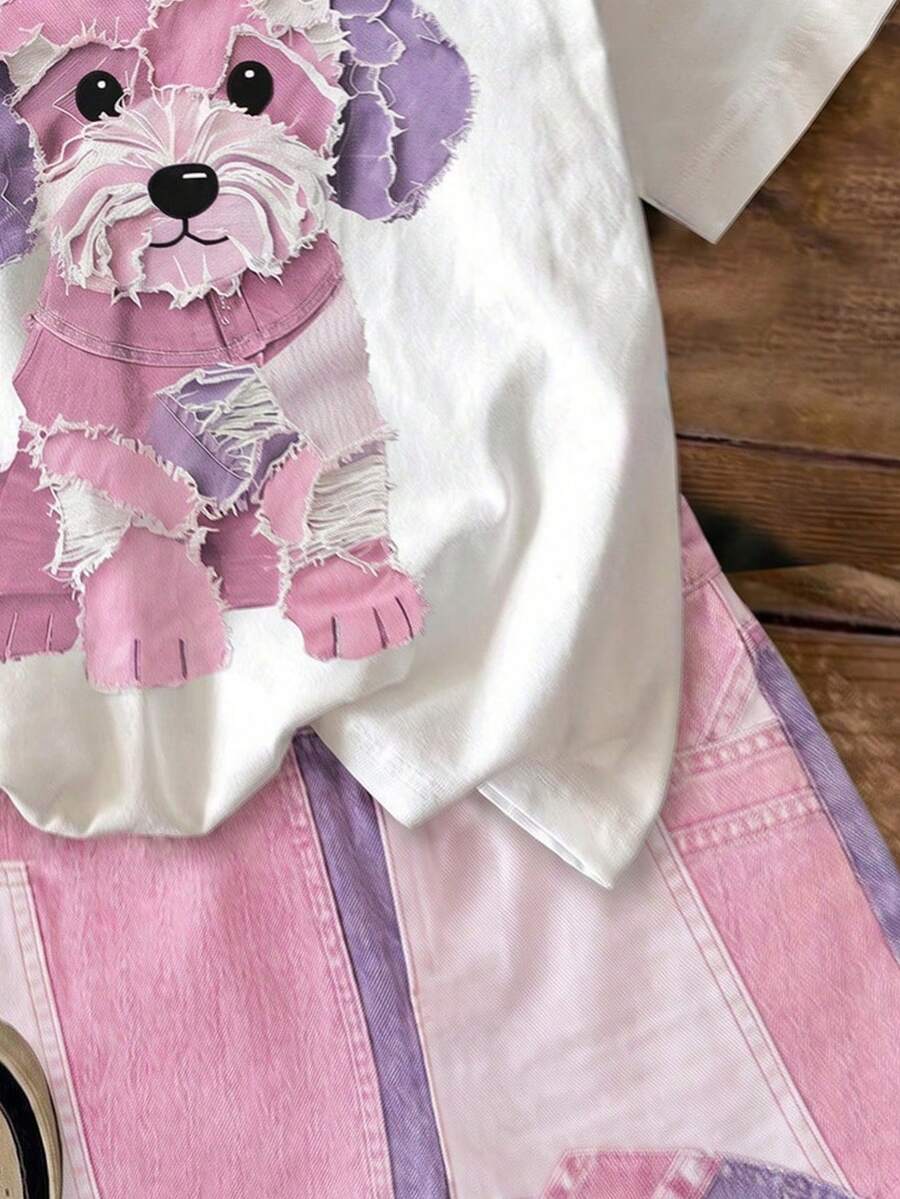 Multicolor heart print short sleeve top and loose shorts 2-piece set for tween girls