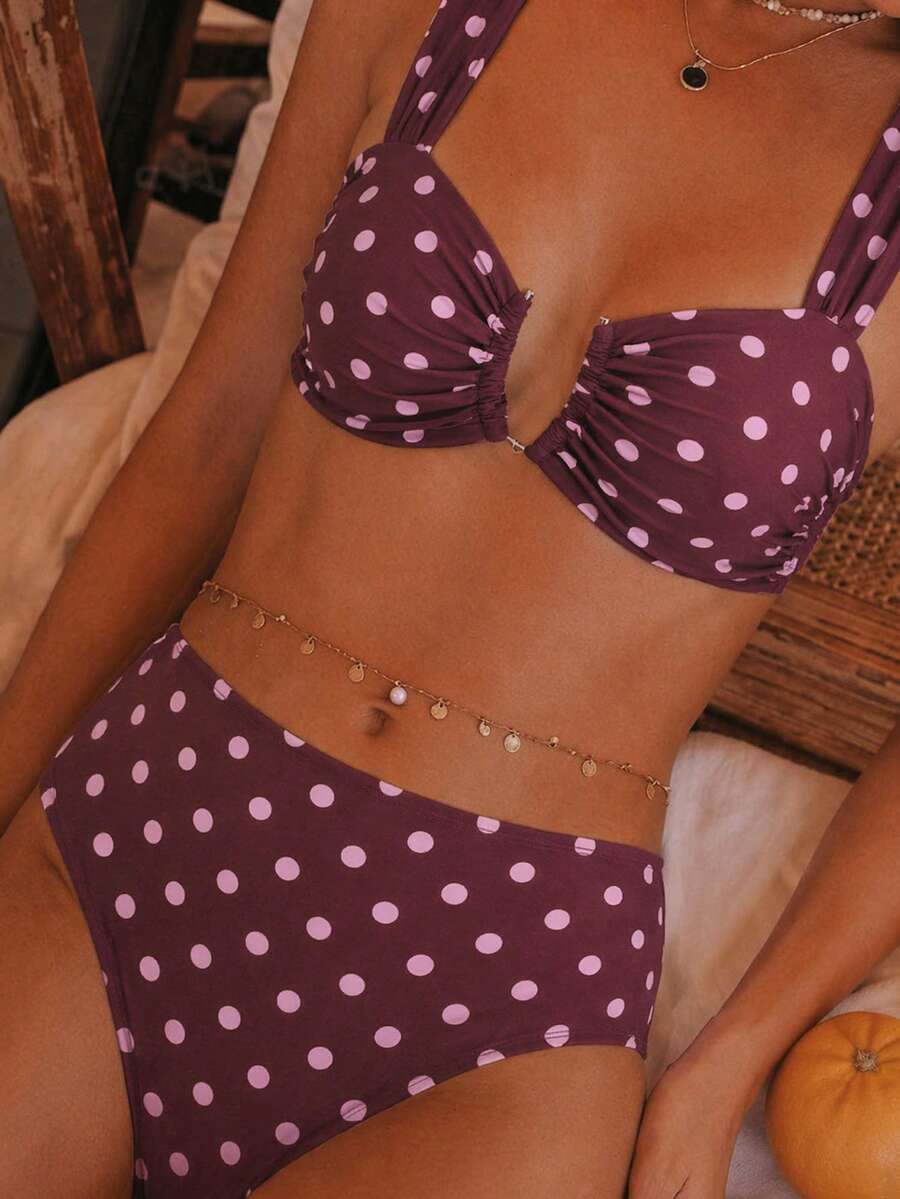 Springbreak black high waist bikini set for women featuring wireless bra top with ruffle lettuce trim and V-wired detail.