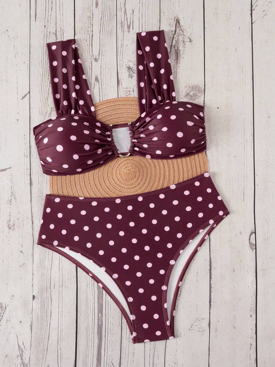 Springbreak black high waist bikini set for women featuring wireless bra top with ruffle lettuce trim and V-wired detail.
