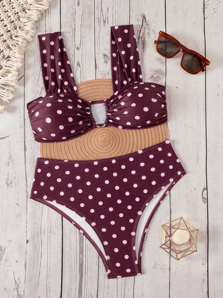 Springbreak black high waist bikini set for women featuring wireless bra top with ruffle lettuce trim and V-wired detail.