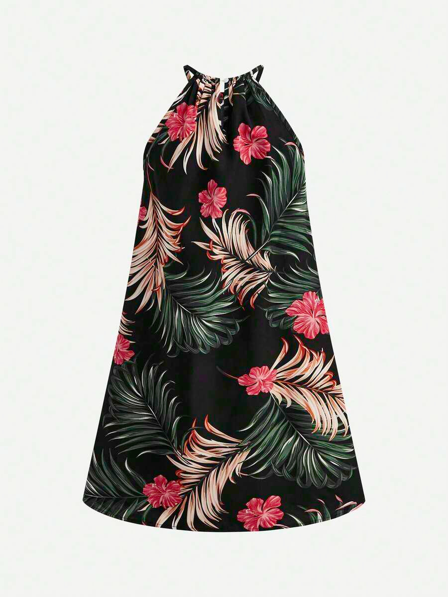Tween girls floral halter A-line dress with contrast lace, applique and fringe details, sleeveless short length in polyester