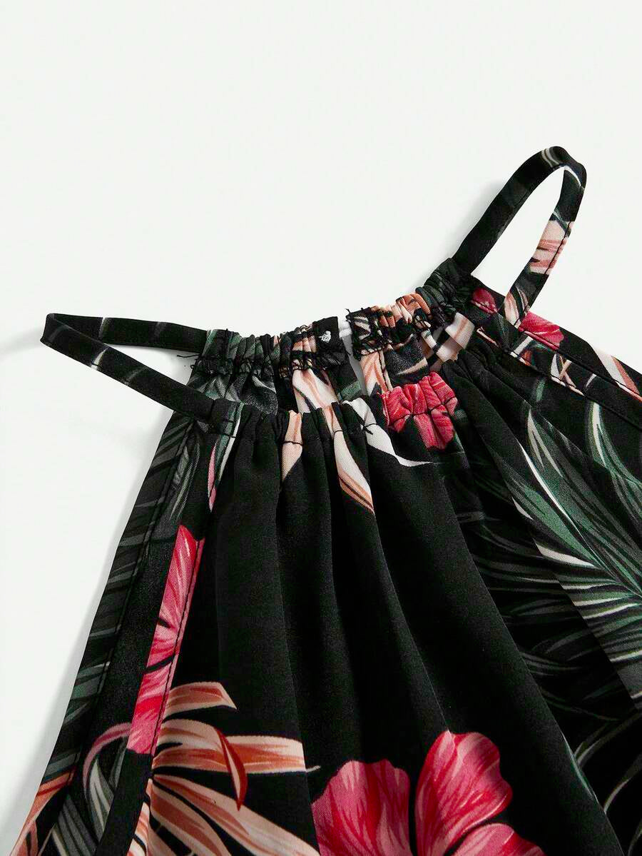 Tween girls floral halter A-line dress with contrast lace, applique and fringe details, sleeveless short length in polyester