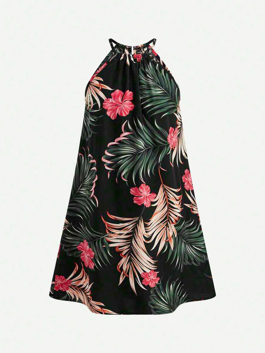 Tween girls floral halter A-line dress with contrast lace, applique and fringe details, sleeveless short length in polyester
