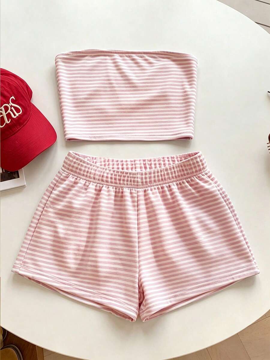 Tween girls two-piece summer outfit featuring a brown strapless tube top with contrast pink tape accent and matching brown shorts with pockets.