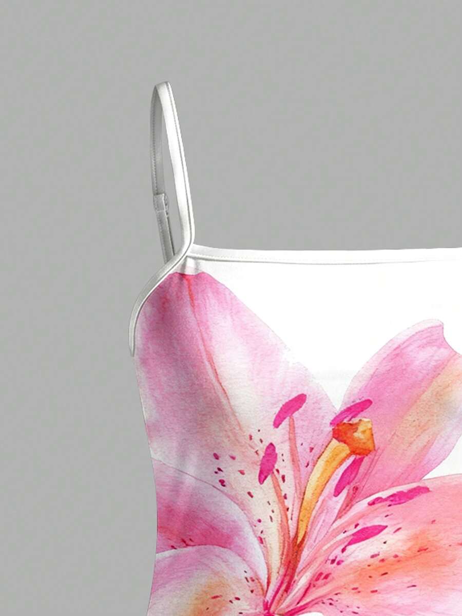 Tween girls multicolor floral midi cami dress with spaghetti straps, sleeveless design, loose fit, and vacation-inspired plant print.