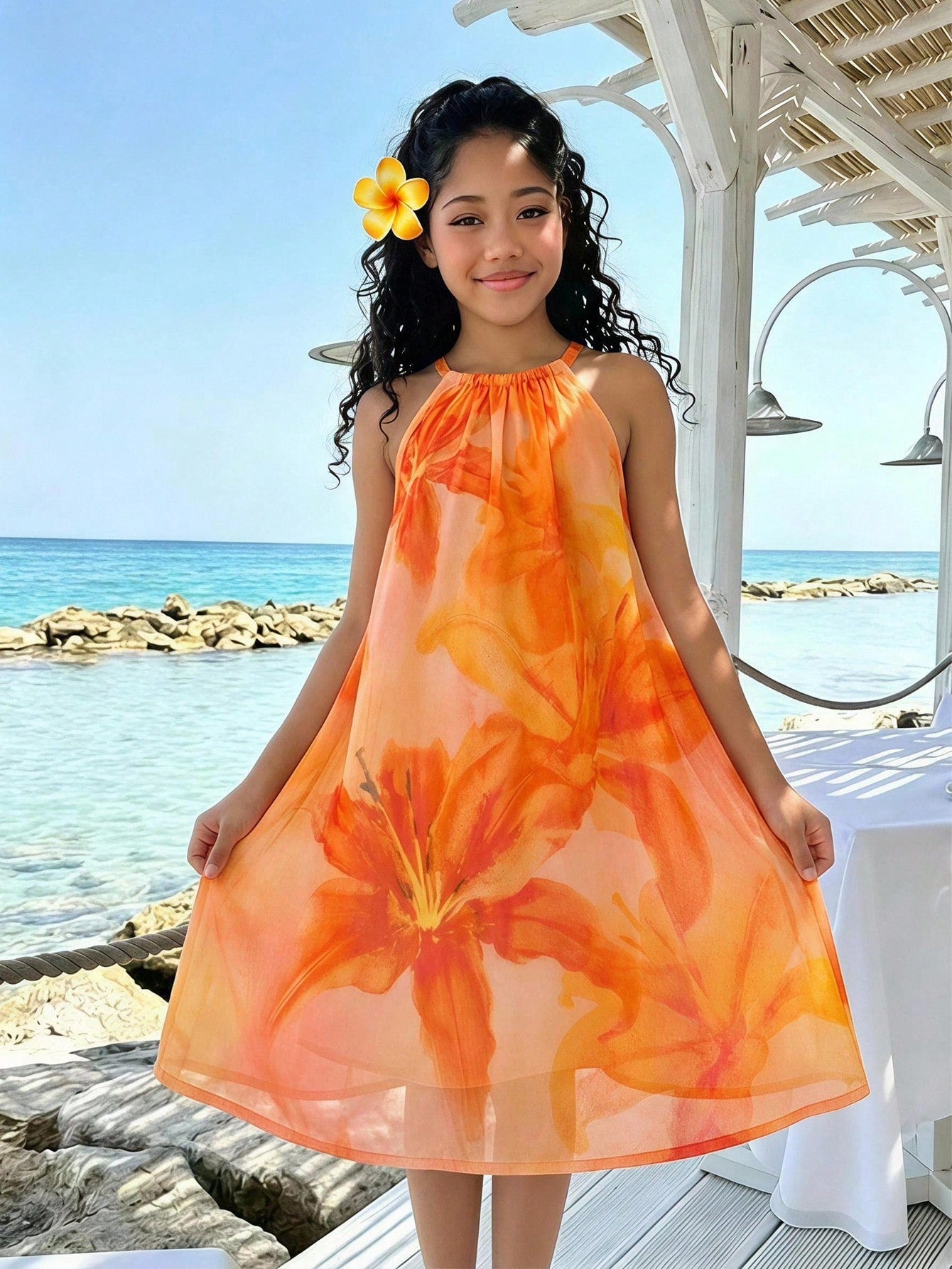 Tween girls sleeveless halter tunic dress with colorful rainbow striped colorblock pattern, button detail, short length, and regular fit for summer vacation or beach wear.
