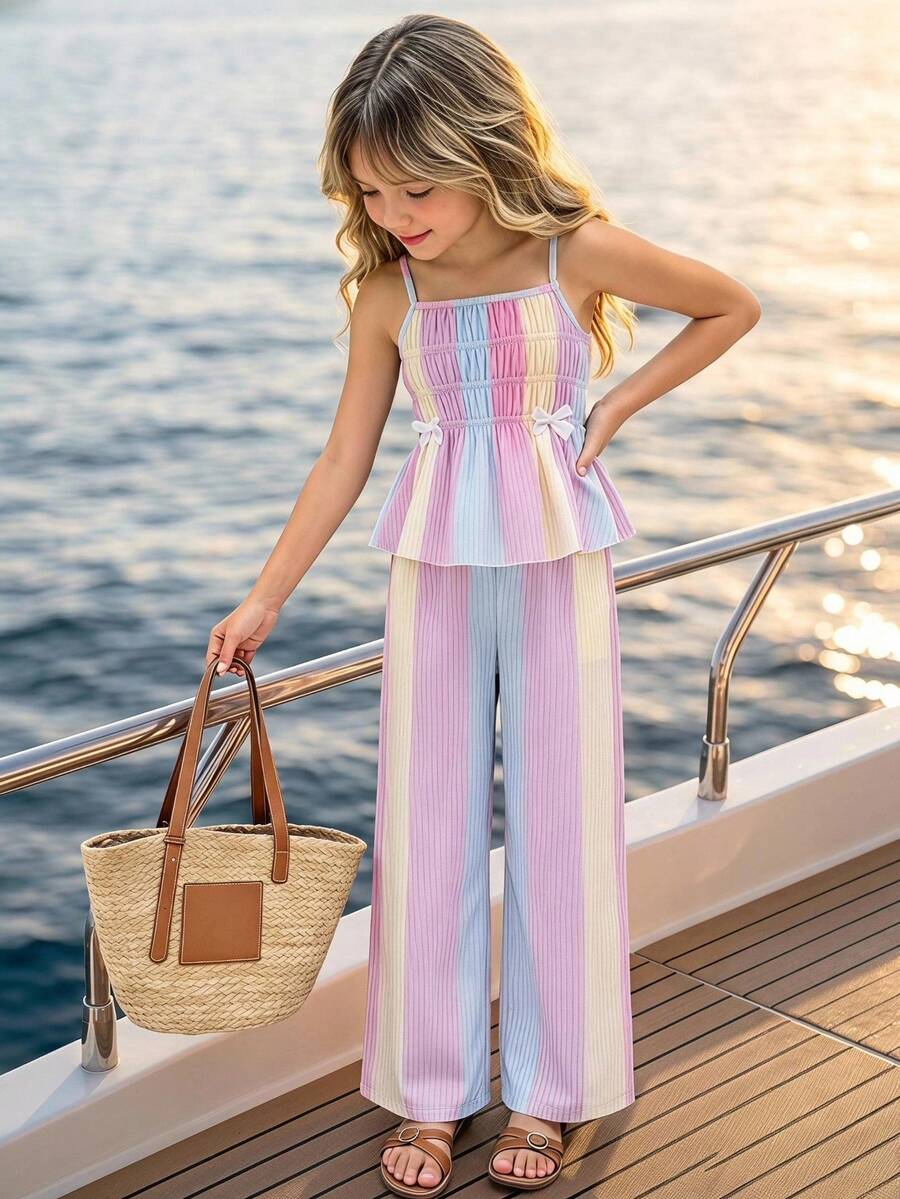 Girls 2-piece summer outfit set featuring a blue bow print camisole top with spaghetti straps and matching high-waisted straight leg pants.