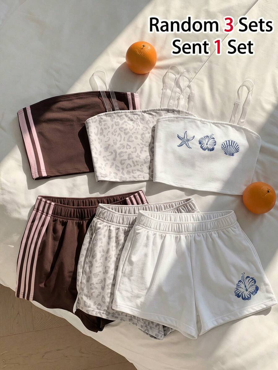 Tween girls two-piece summer outfit featuring a brown strapless tube top with contrast pink tape accent and matching brown shorts with pockets.