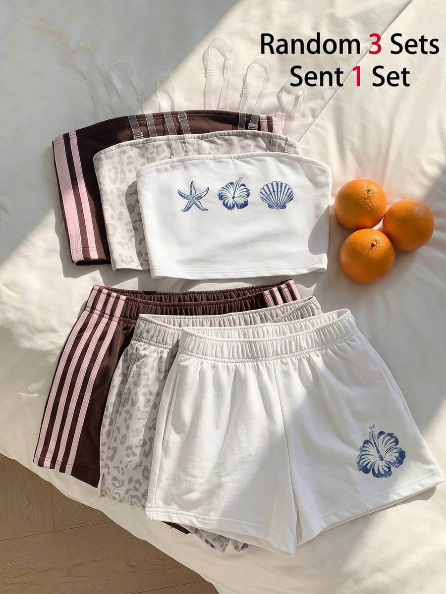 Tween girls two-piece summer outfit featuring a brown strapless tube top with contrast pink tape accent and matching brown shorts with pockets.