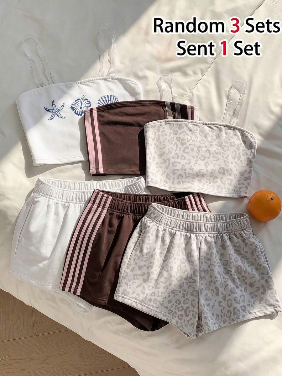 Tween girls two-piece summer outfit featuring a brown strapless tube top with contrast pink tape accent and matching brown shorts with pockets.