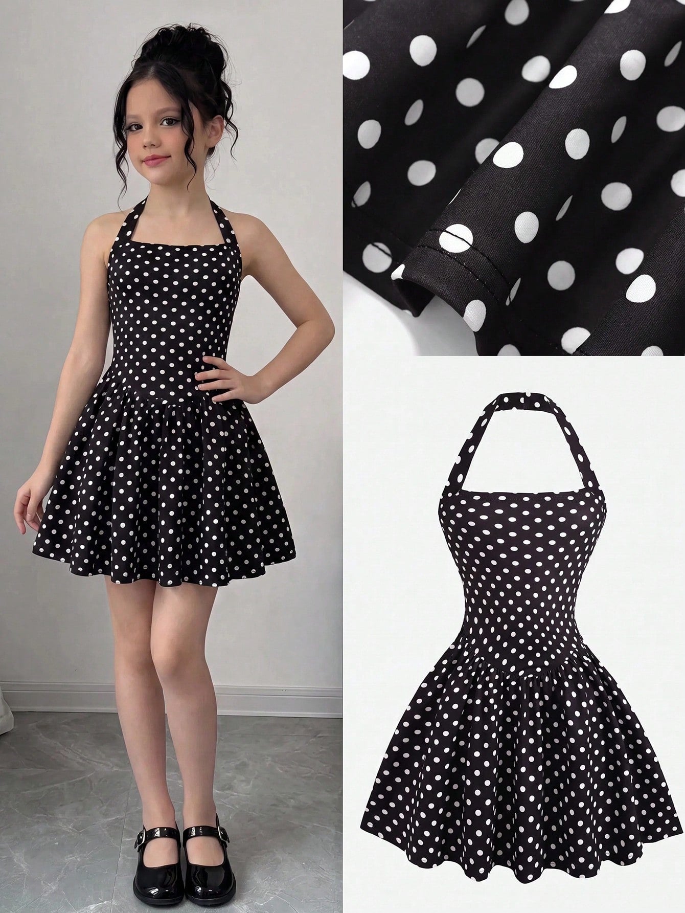 Black sleeveless halter polka dot mini dress for tween girls featuring a high waist and flared hem