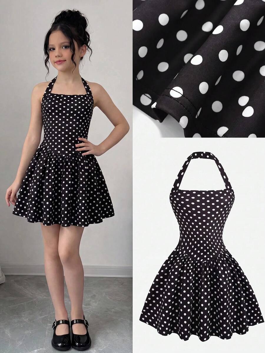 Black sleeveless halter polka dot mini dress for tween girls featuring a high waist and flared hem