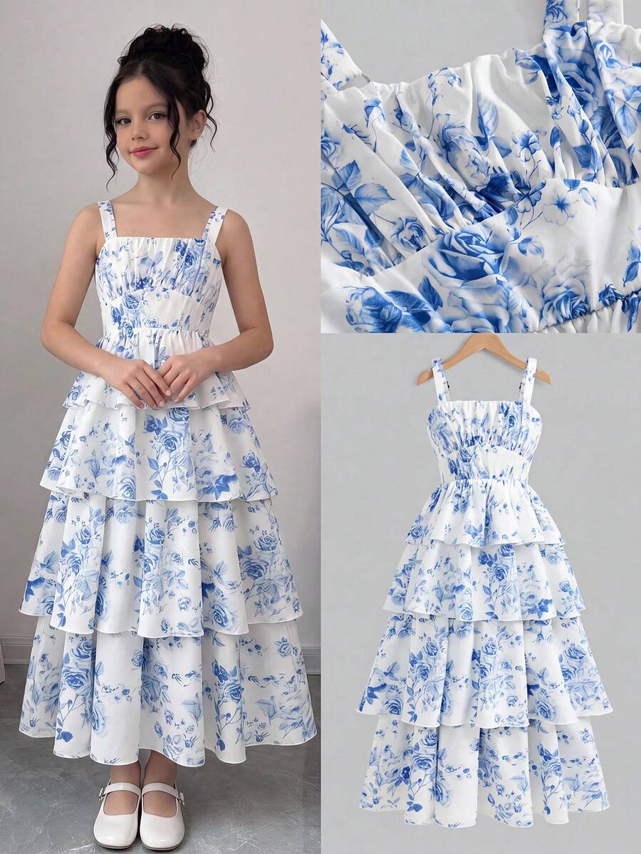 Tween girls blue ditsy floral sleeveless long dress with spaghetti straps, ruched bust, high waist, and tiered layered hem.