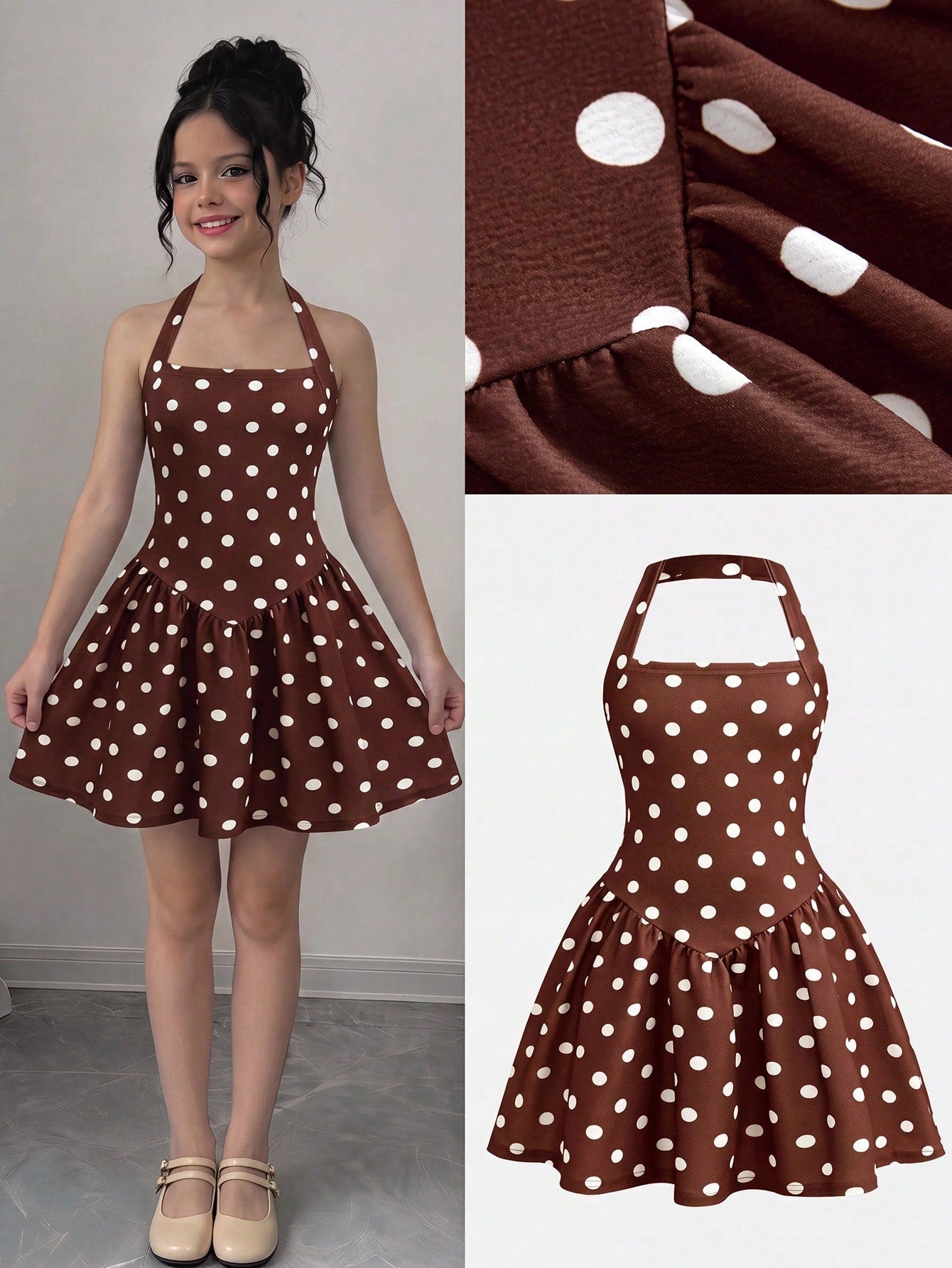 Black sleeveless halter polka dot mini dress for tween girls featuring a high waist and flared hem