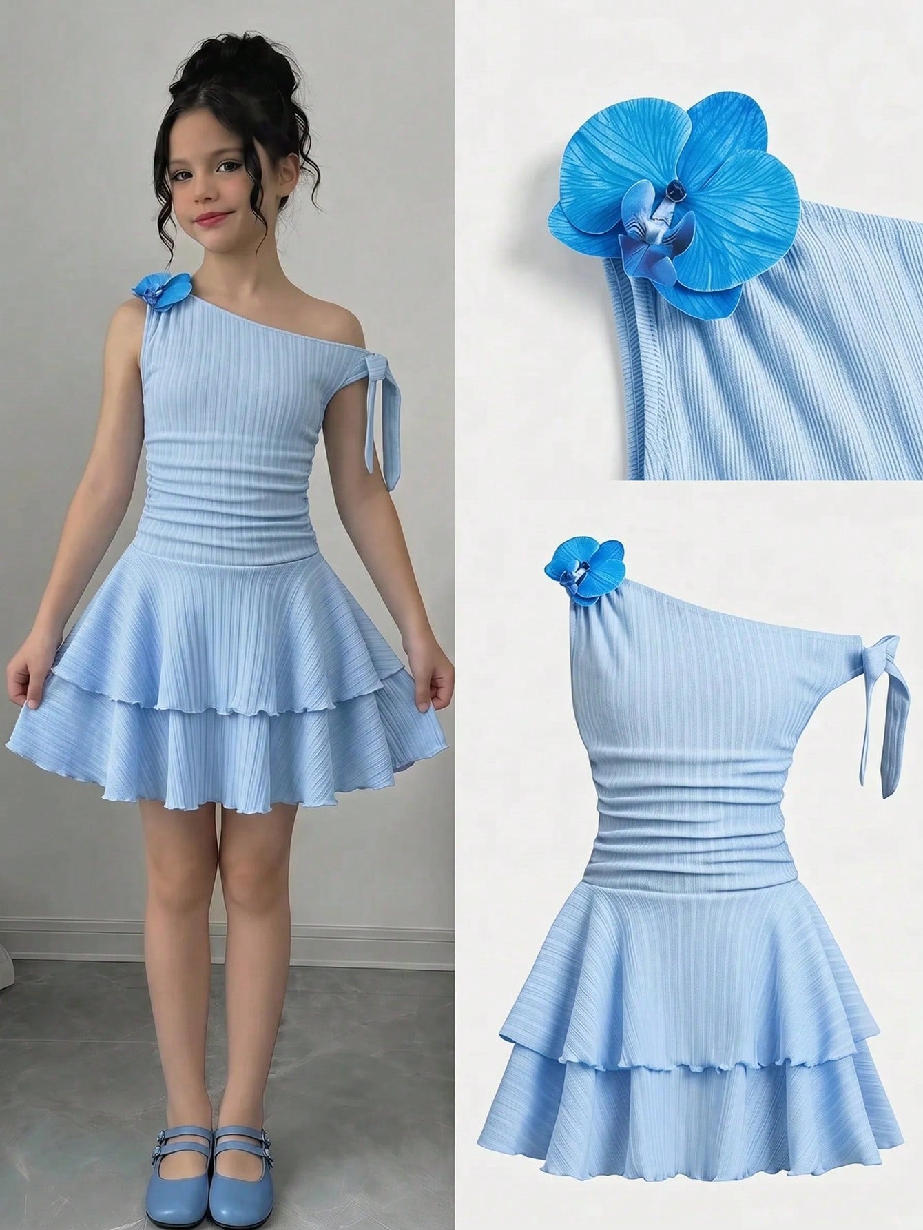 Tween girls sleeveless apricot A-line dress featuring an asymmetrical neck, contrast lace trim, and a flared hem.