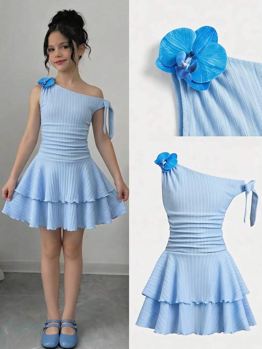Tween girls sleeveless apricot A-line dress featuring an asymmetrical neck, contrast lace trim, and a flared hem.