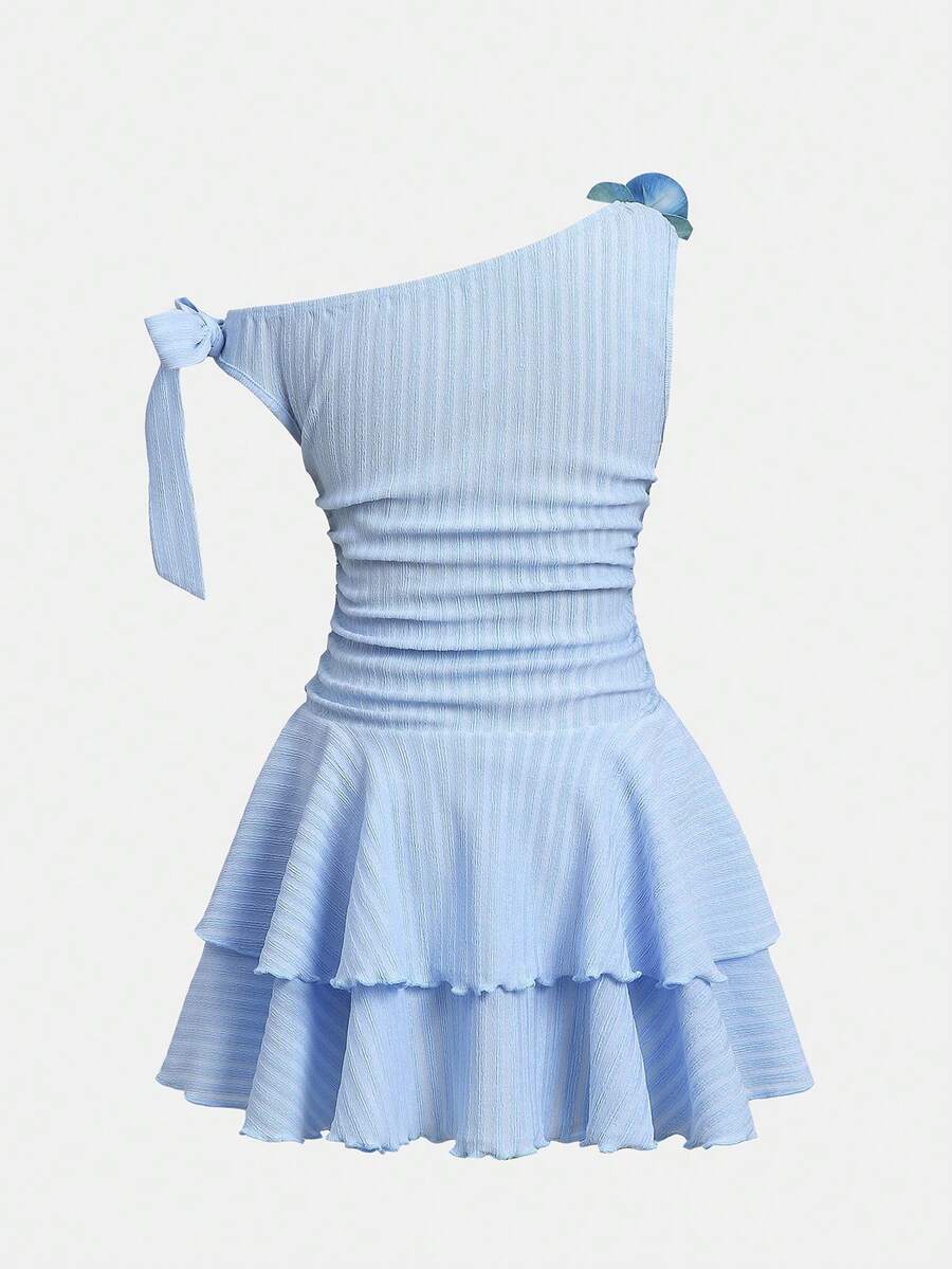 Tween girls sleeveless apricot A-line dress featuring an asymmetrical neck, contrast lace trim, and a flared hem.