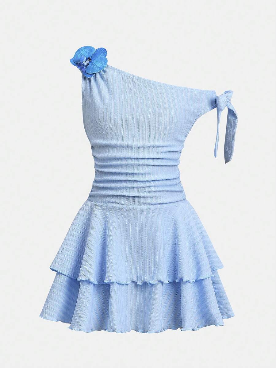 Tween girls sleeveless apricot A-line dress featuring an asymmetrical neck, contrast lace trim, and a flared hem.