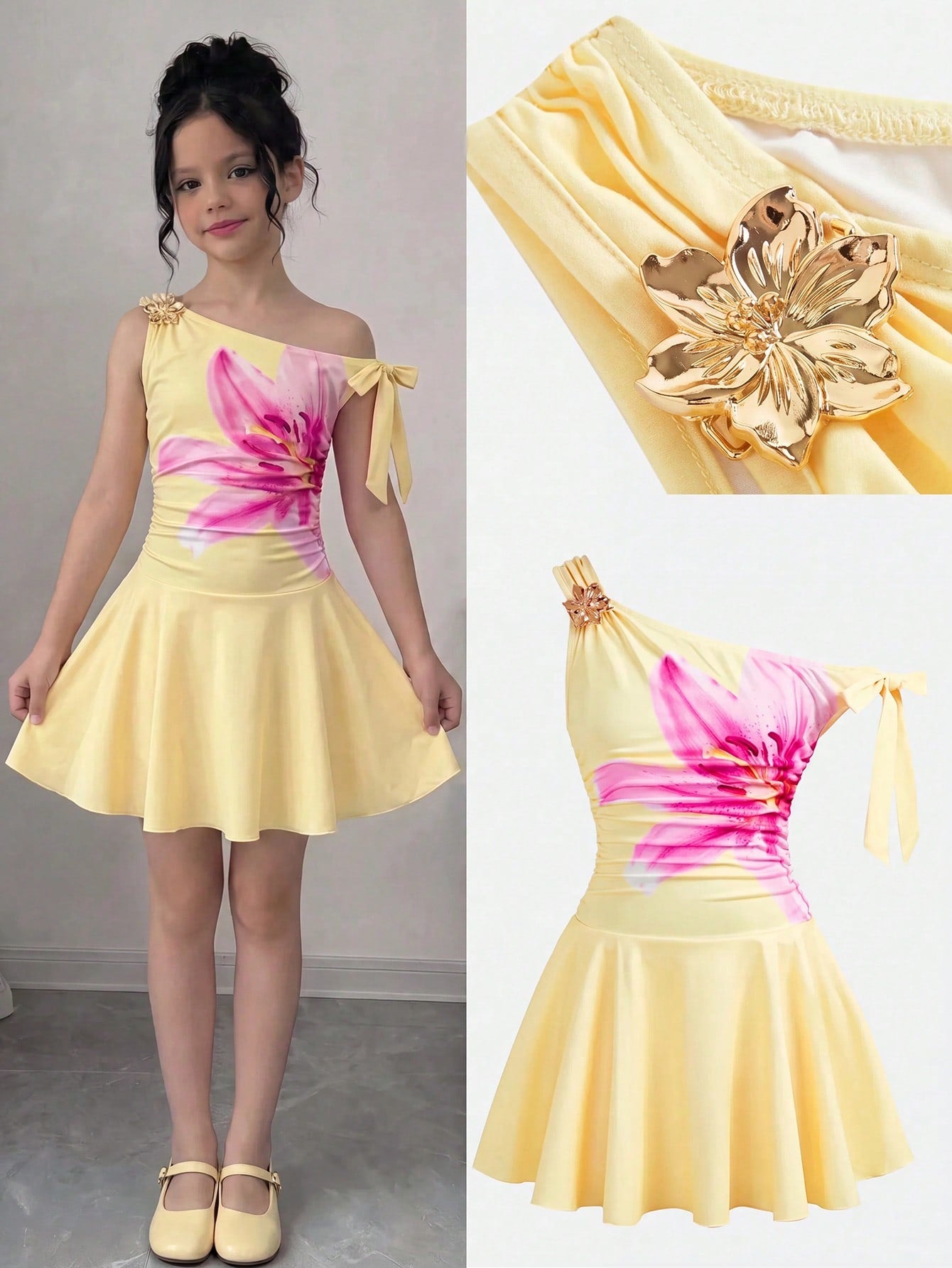 Tween girls sleeveless apricot A-line dress featuring an asymmetrical neck, contrast lace trim, and a flared hem.