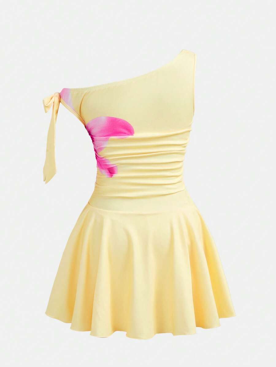 Tween girls sleeveless apricot A-line dress featuring an asymmetrical neck, contrast lace trim, and a flared hem.