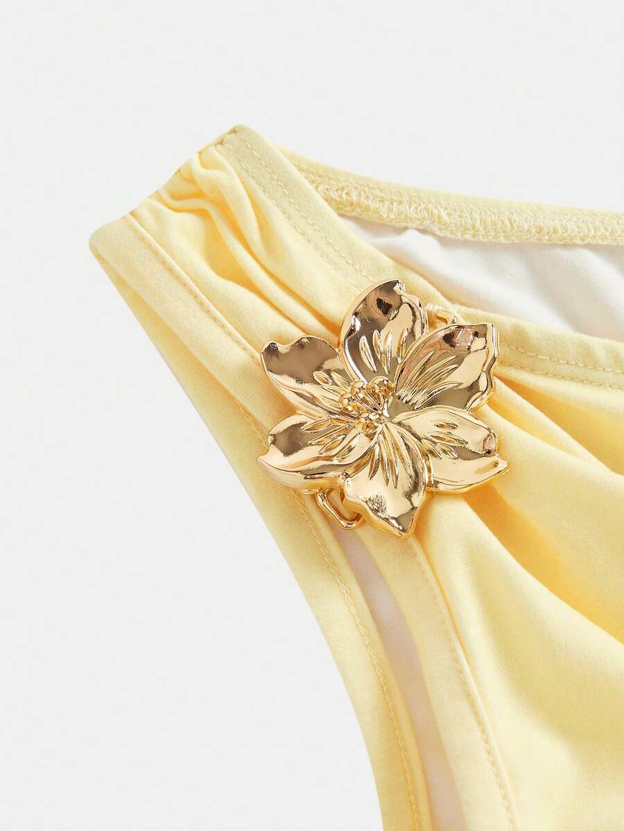 Tween girls sleeveless apricot A-line dress featuring an asymmetrical neck, contrast lace trim, and a flared hem.