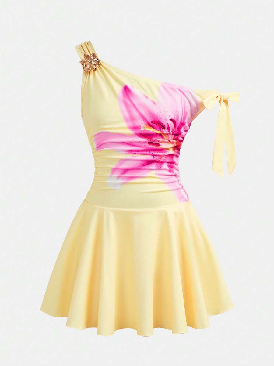 Tween girls sleeveless apricot A-line dress featuring an asymmetrical neck, contrast lace trim, and a flared hem.